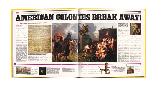 american colonies example page. America As It Happened full US history book timeline newspaper style.
