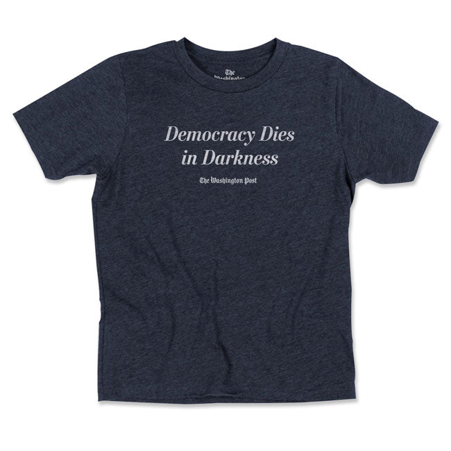 Democracy Dies in Darkness navy blue short sleeve Youth T-shirt, white writing