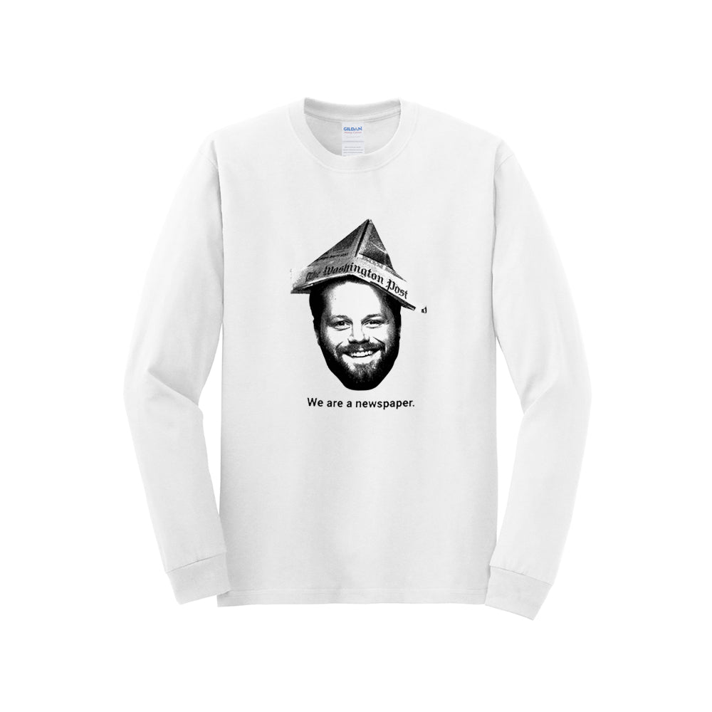 White crew neck sweatshirt with a black and white headshot of Dave Jorgenson in the center with a newspaper hat. Below is We are a newspaper. in black text.