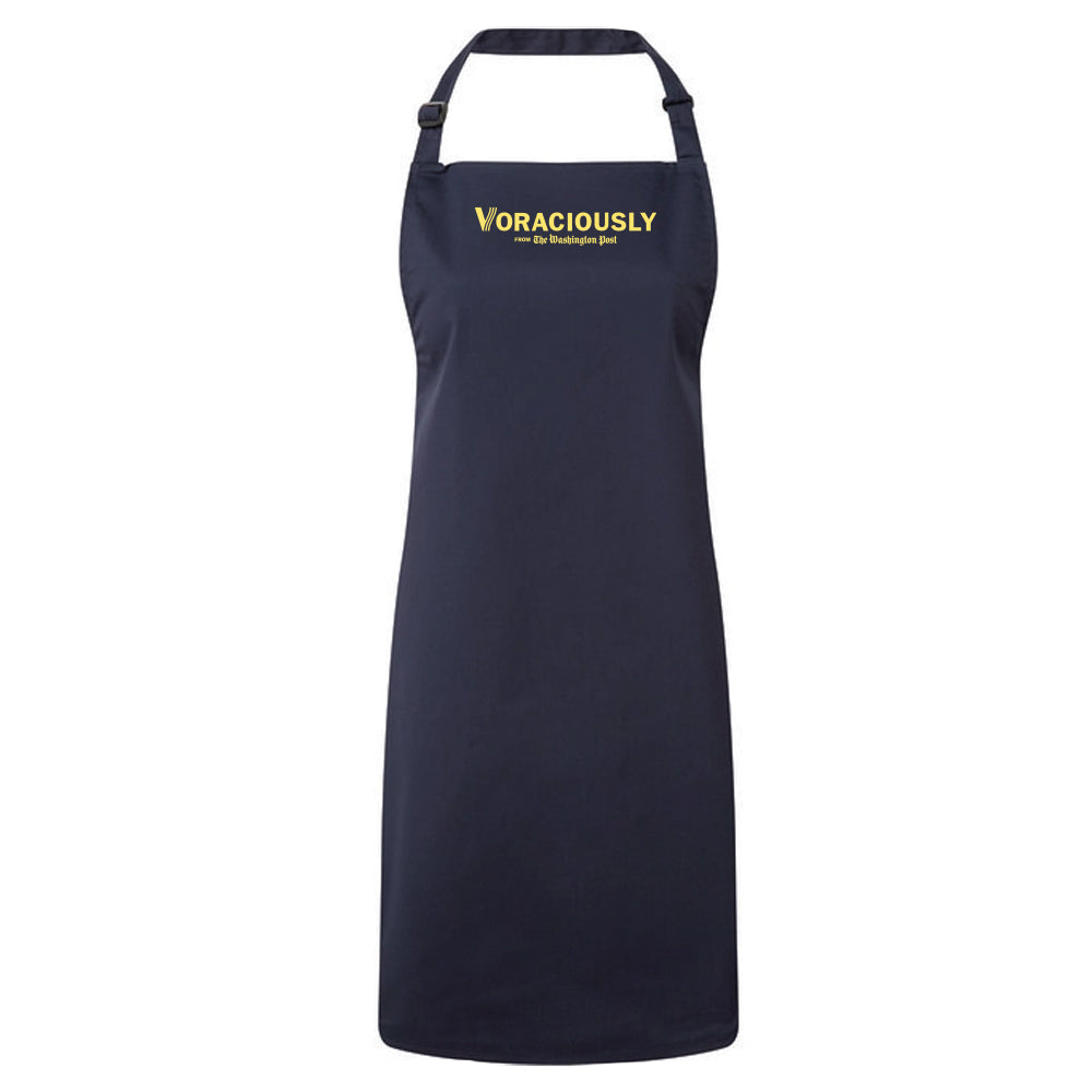 dark blue apron with the Washington Post voraciously logo on the chest in yelllow.