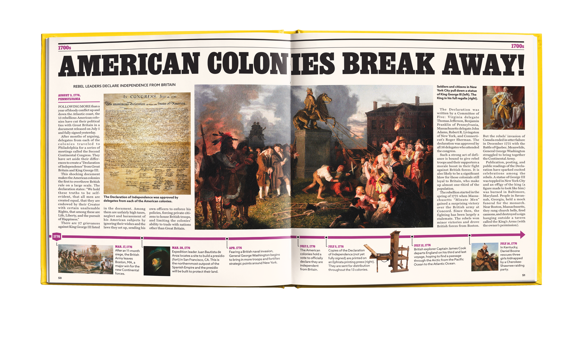 american colonies example page. America As It Happened full US history book timeline newspaper style.