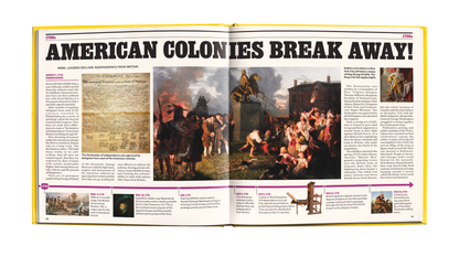 american colonies example page. America As It Happened full US history book timeline newspaper style.