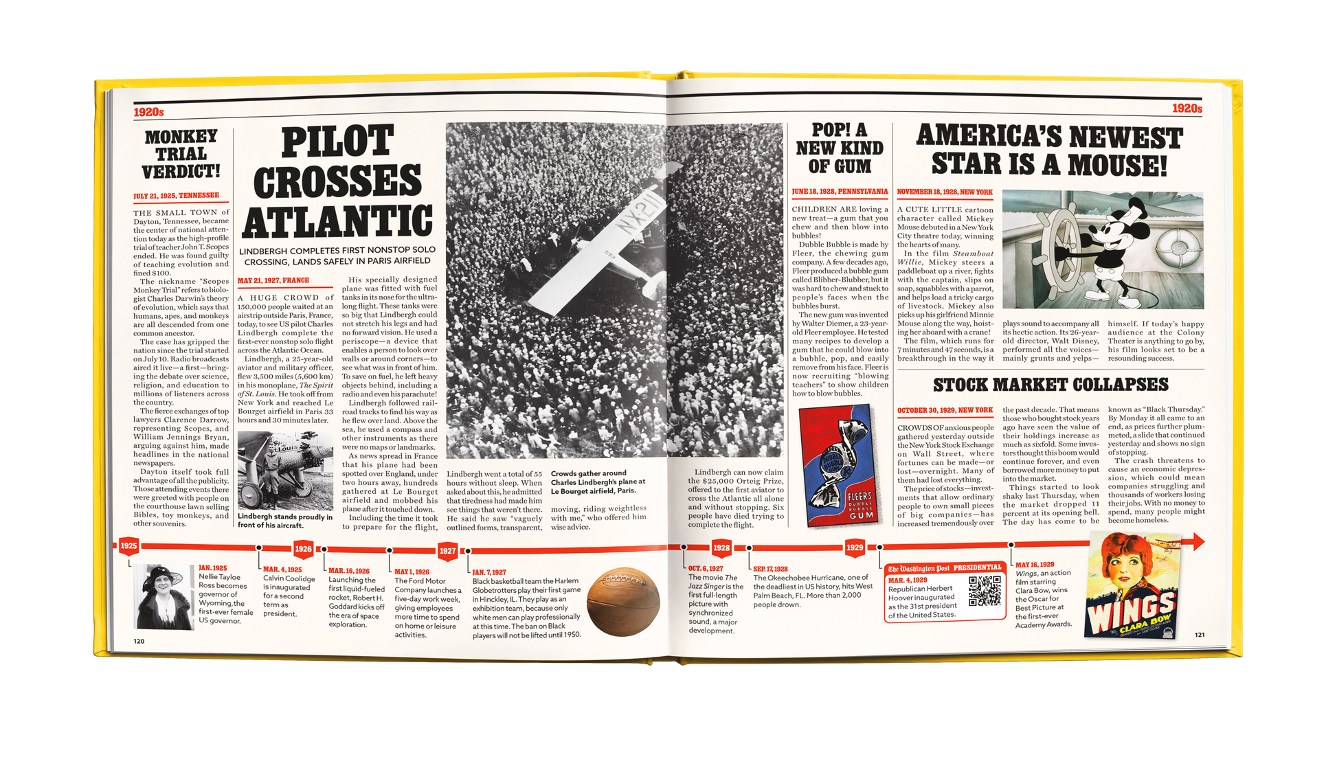 1920s example pages. America As It Happened full US history book timeline newspaper style