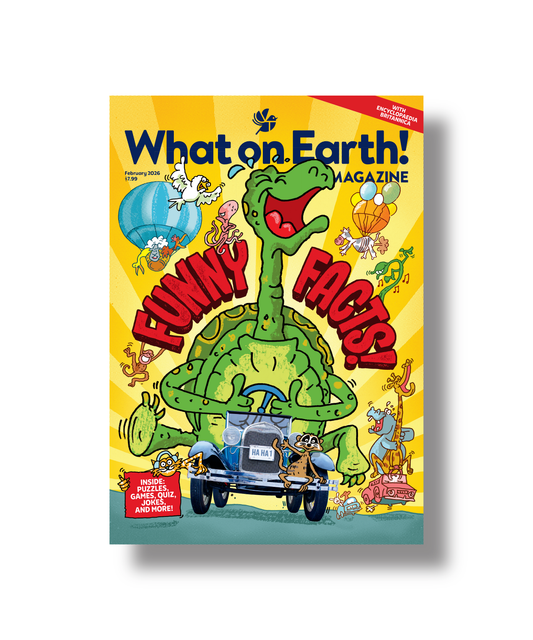 Funny facts kids magazine cover with trivia puzzles and activities February 2026
