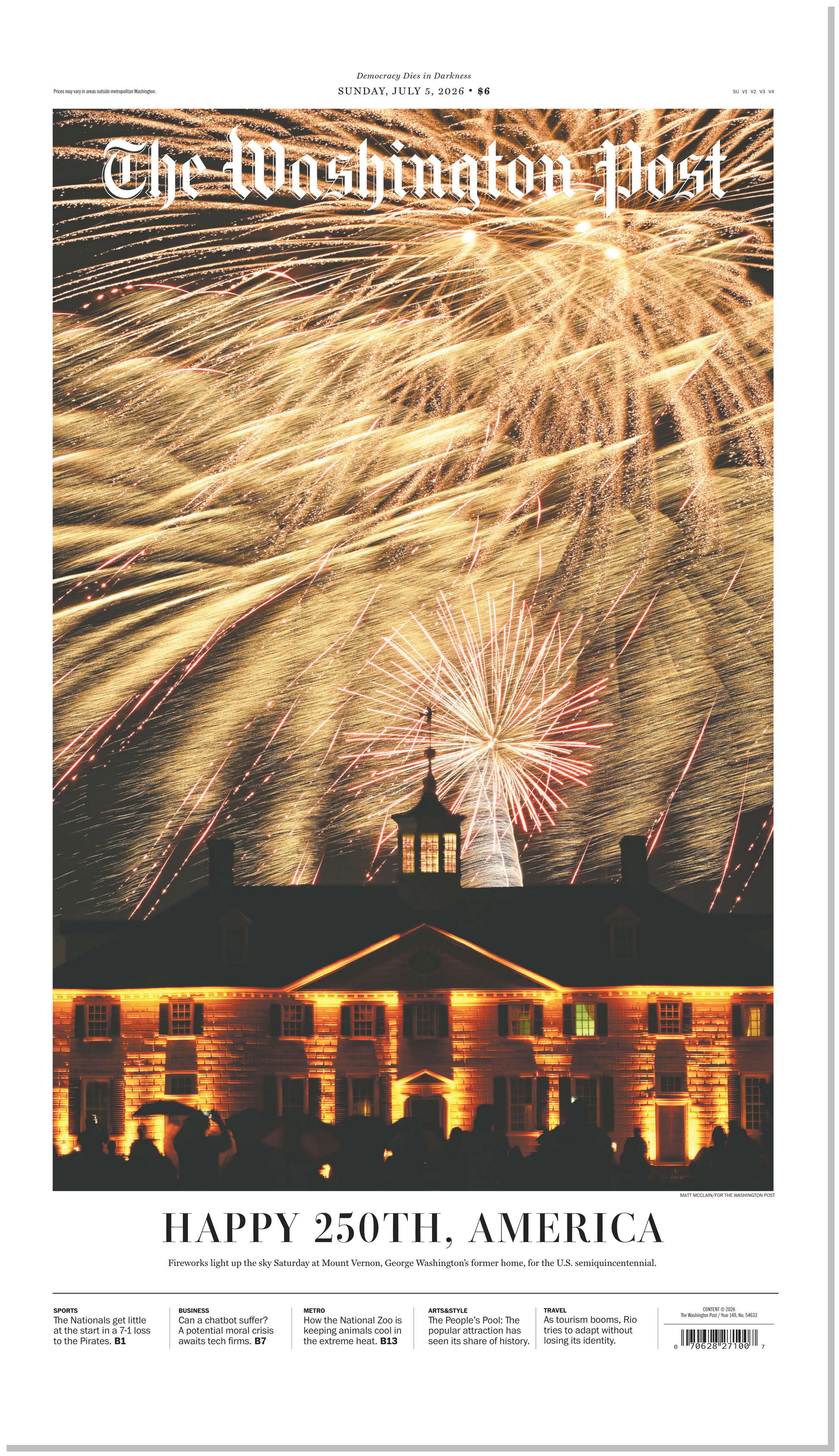 Washington Post front page reprint poster from July 5, 2026 featuring fireworks over George Washington's Mount Vernon celebrating America's 250th anniversary.