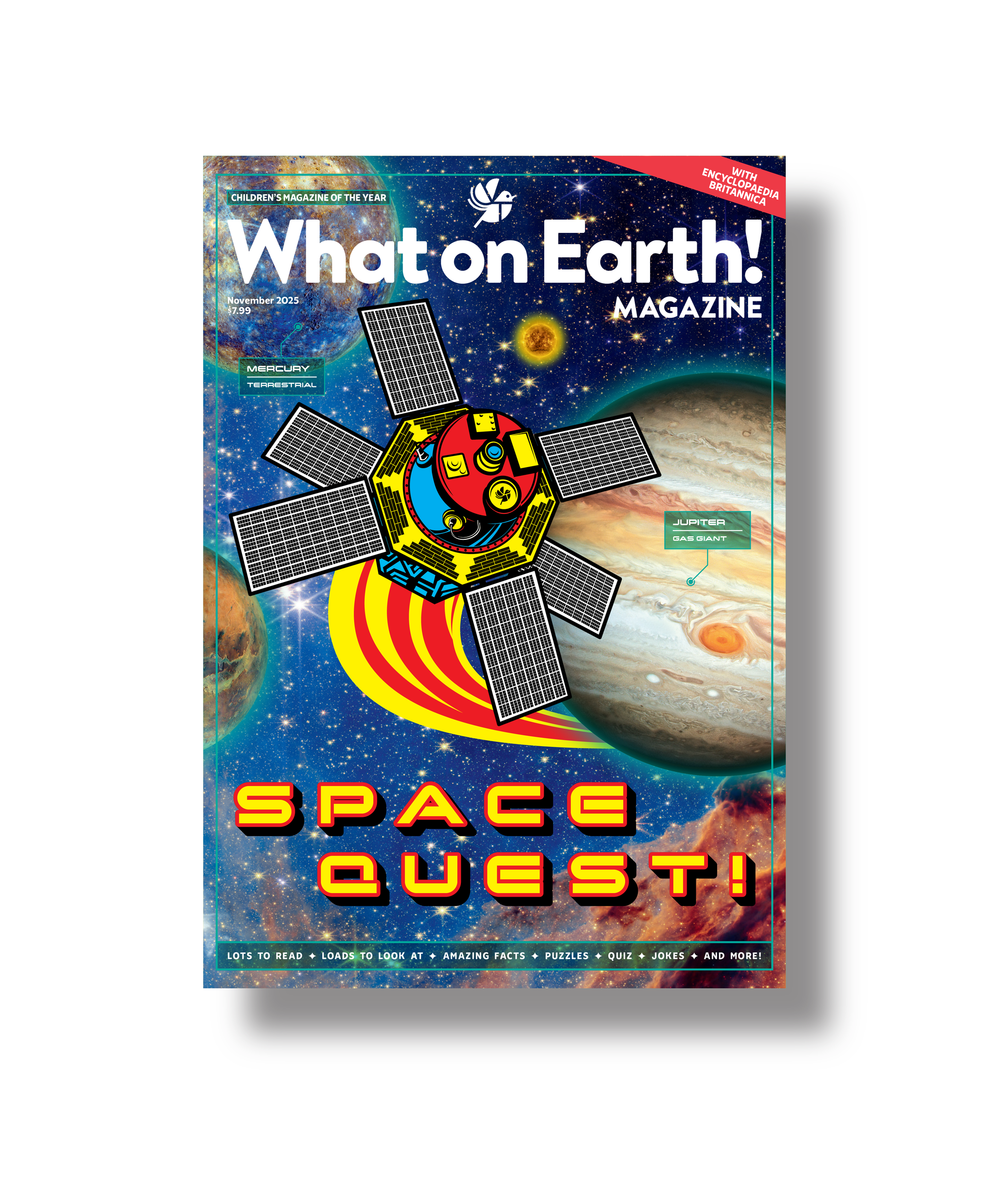 Space Quest kids magazine cover planets astronauts space theme November 2025