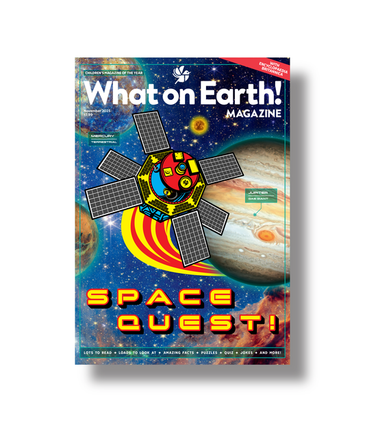 Space Quest kids magazine cover planets astronauts space theme November 2025