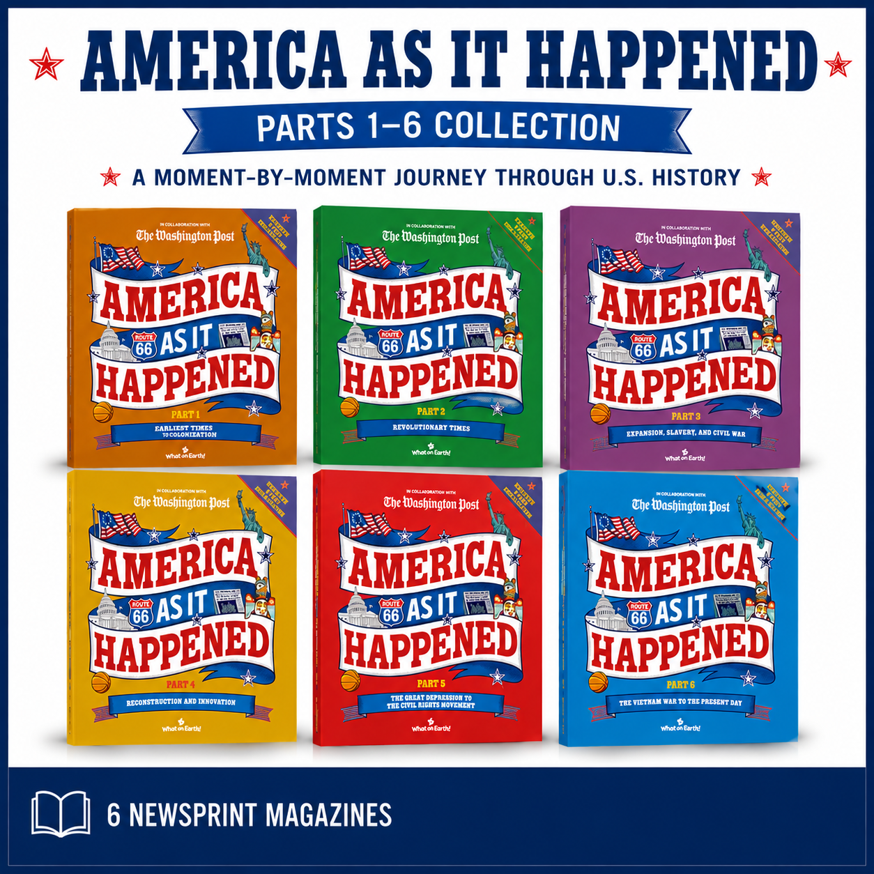 America As It Happened Parts 1-6 Collection featuring six Washington Post history magazines.