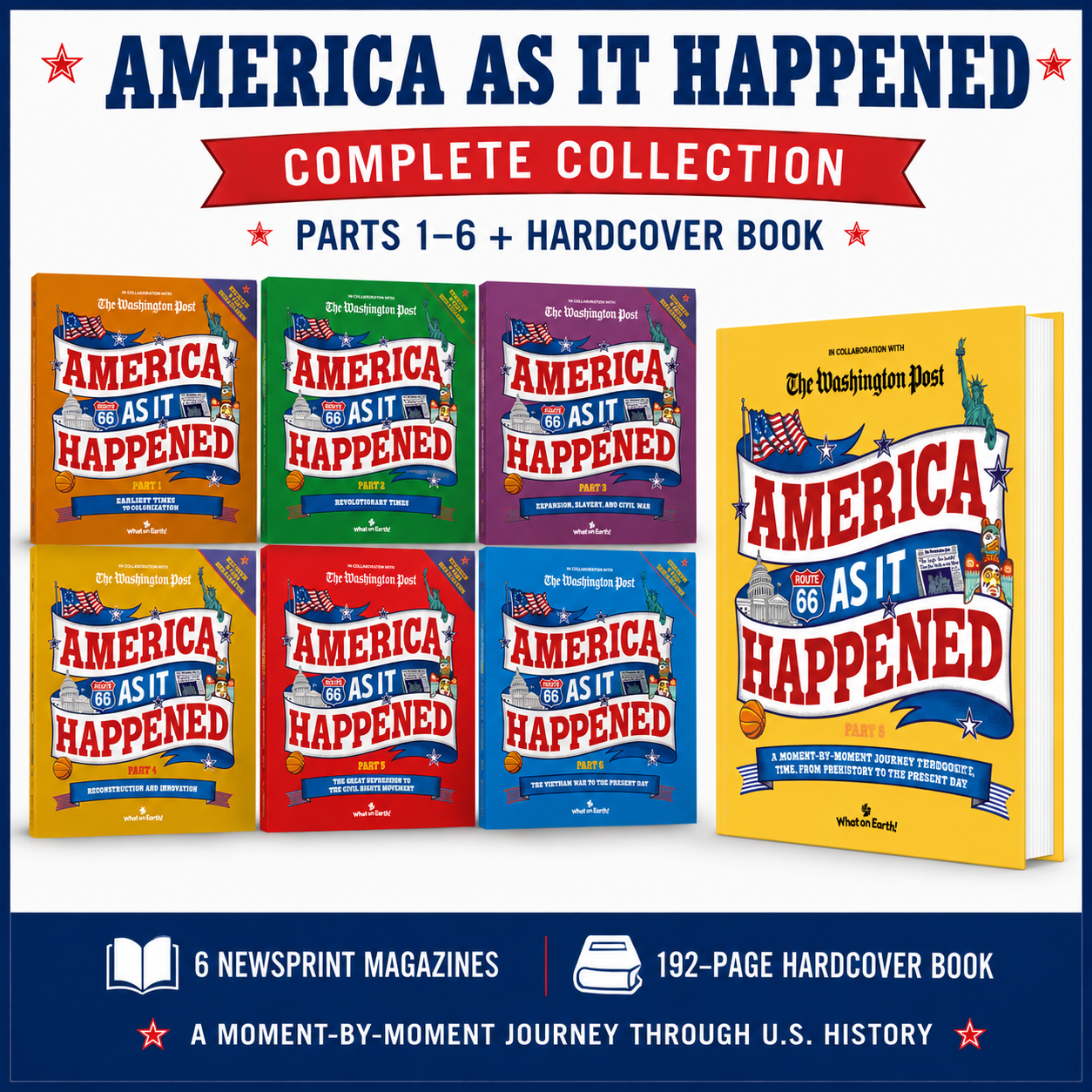 America As It Happened complete collection with six history magazines and hardcover book for kids.