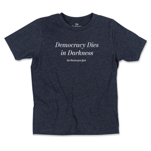 Democracy Dies in Darkness navy blue short sleeve Youth T-shirt, white writing 