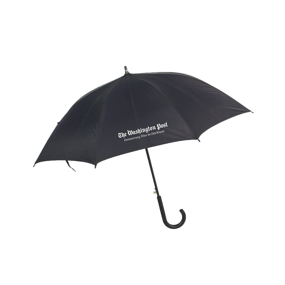 Black umbrella with curved handle and The Washington Post and Democracy Dies in Darkness in white text.