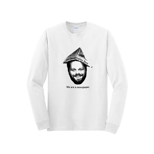 White crew neck sweatshirt with a black and white headshot of Dave Jorgenson in the center with a newspaper hat. Below is We are a newspaper. in black text.