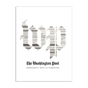 White Poster with large WP logo made to look as though it is cut out of newspaper. Below is The Washington Post and Democracy Dies in Darkness in black text.