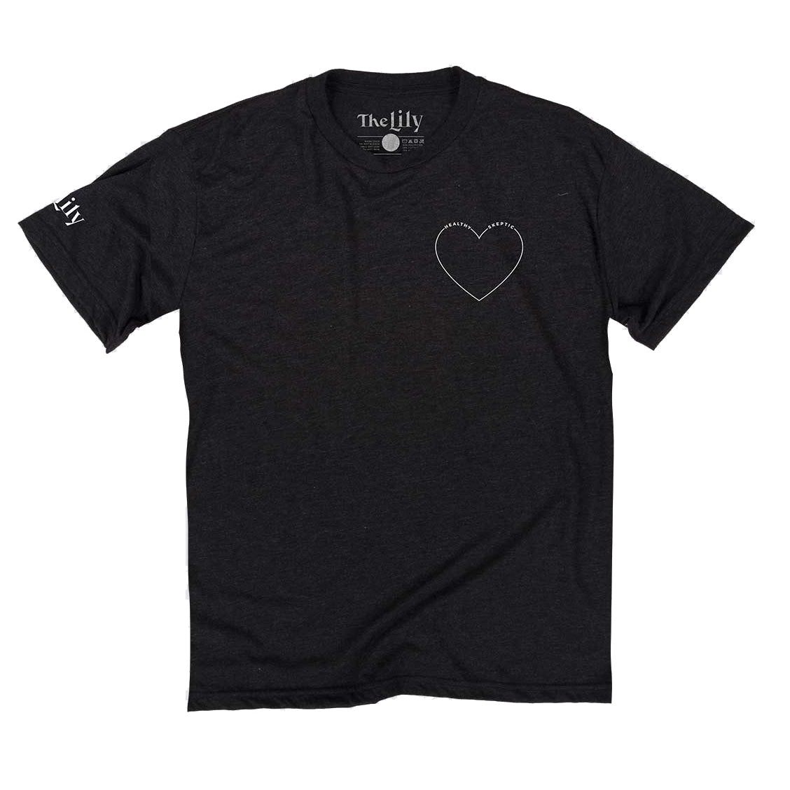 The Lily t-shirt with embroidered heart logo in white and "the lily" on sleeve also in white . Short sleeve shirt, light black marbled color. 
