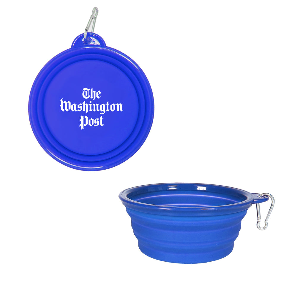 Washington Post travel pet bowl in royal blue, silicone and plastic, foldable, with metal keychain attached 