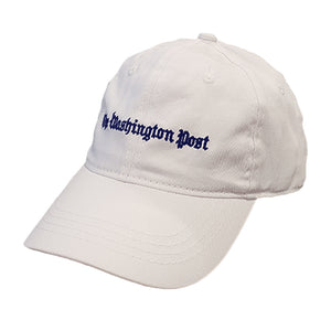 white baseball cap with The Washington Post written on the front in navy letters 