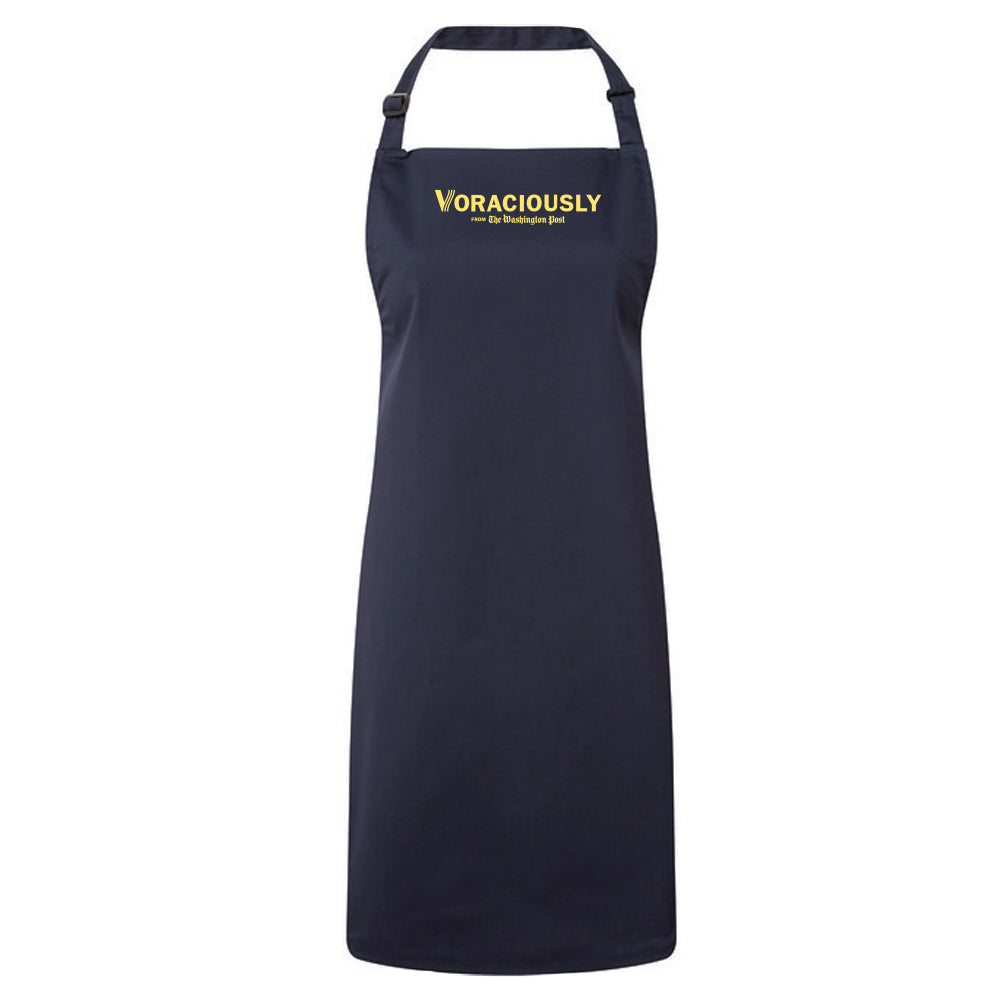 dark blue apron with the Washington Post voraciously logo on the chest in yelllow. 