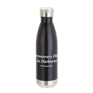 Democracy Dies in Darkness Vacuum Pop Water Bottle in black with a silver cap and base 