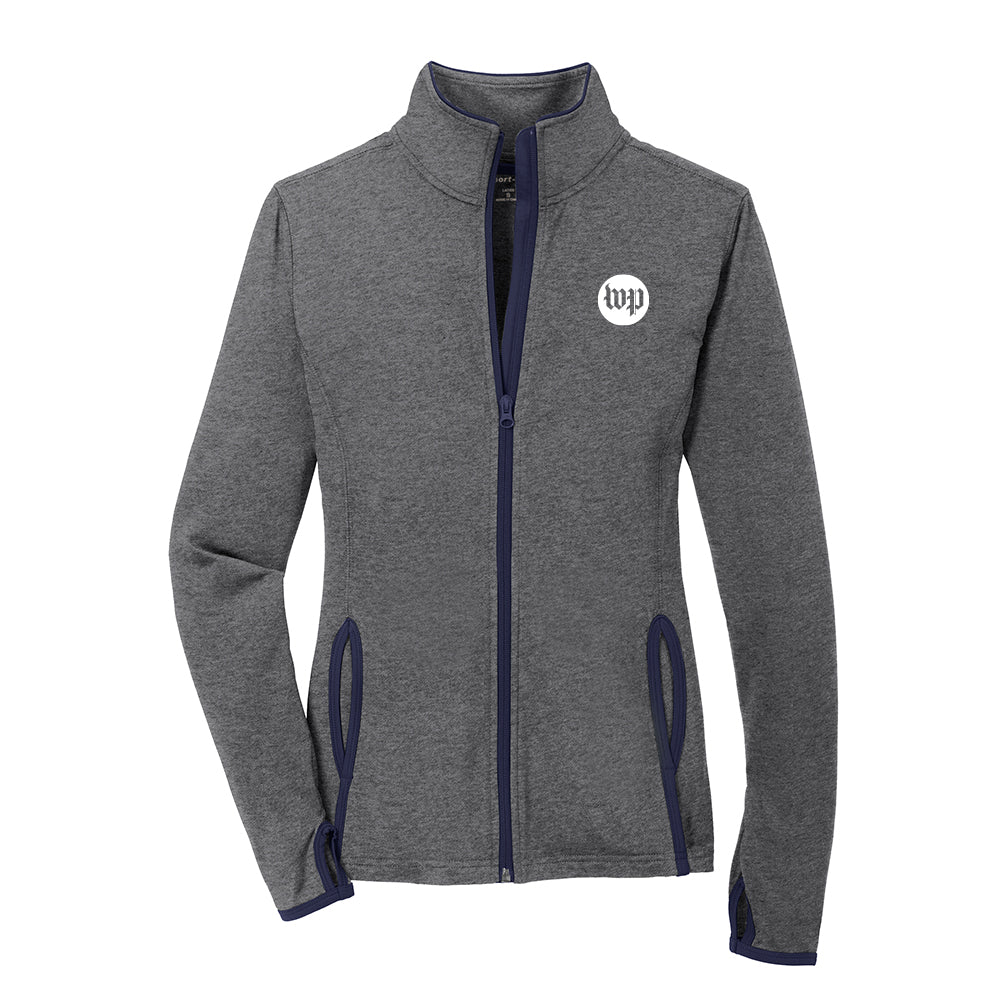 Charcoal grey women's workout jacket with WP logo