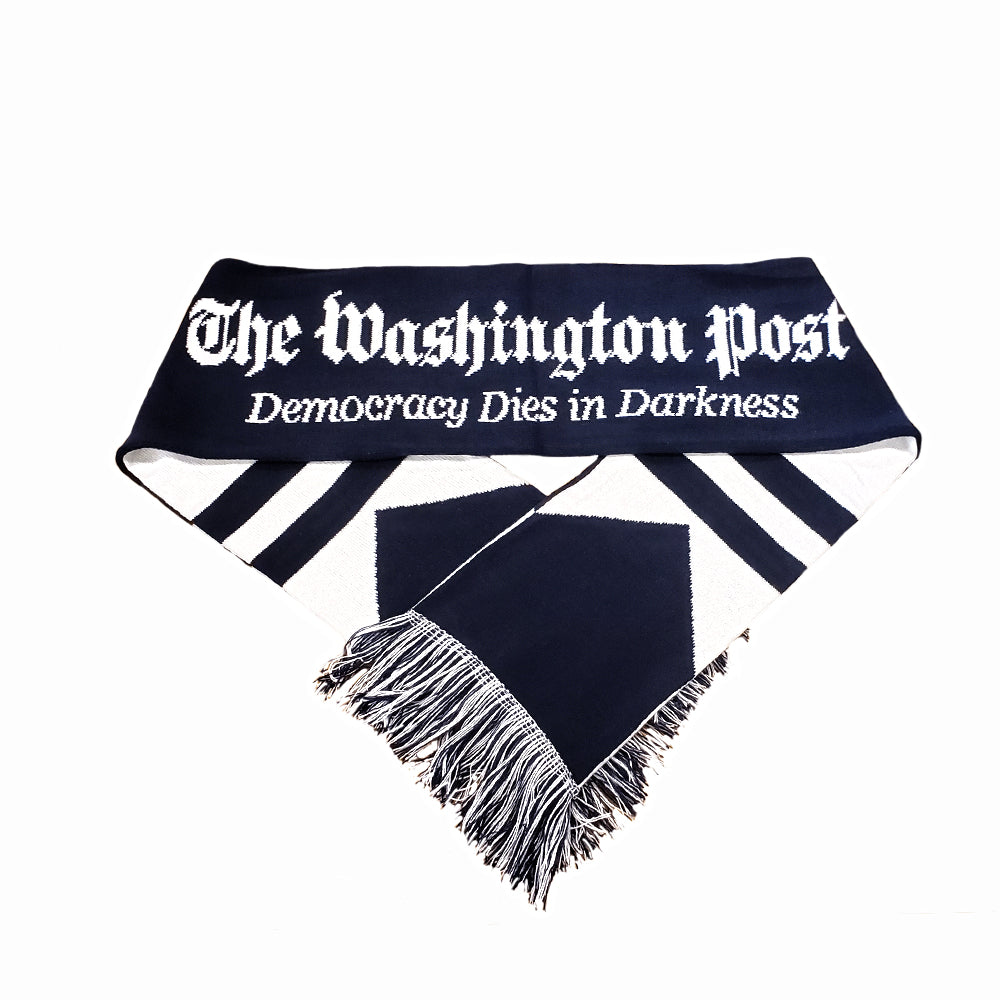 Winter scarf with the Washington Post logo and tagline, dark blue and white stripe pattern