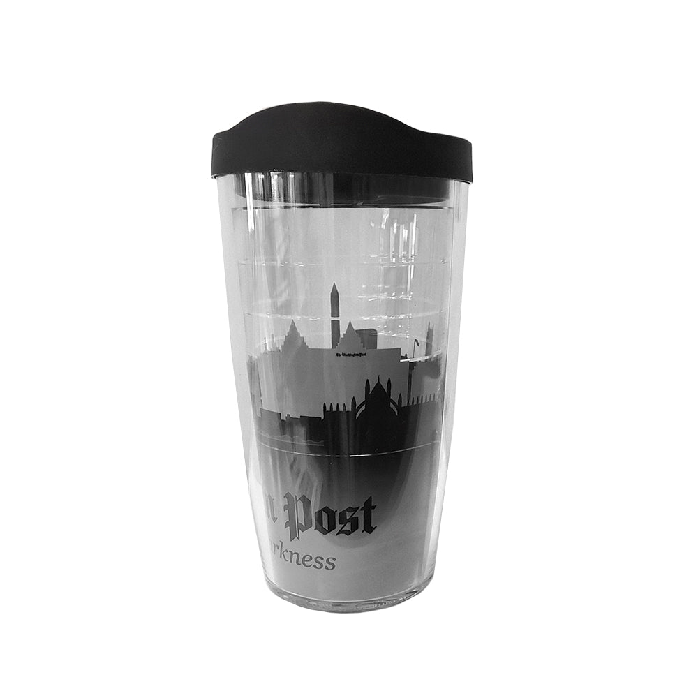 Clear plastic tumbler with black and white cityscape image of Washington DC