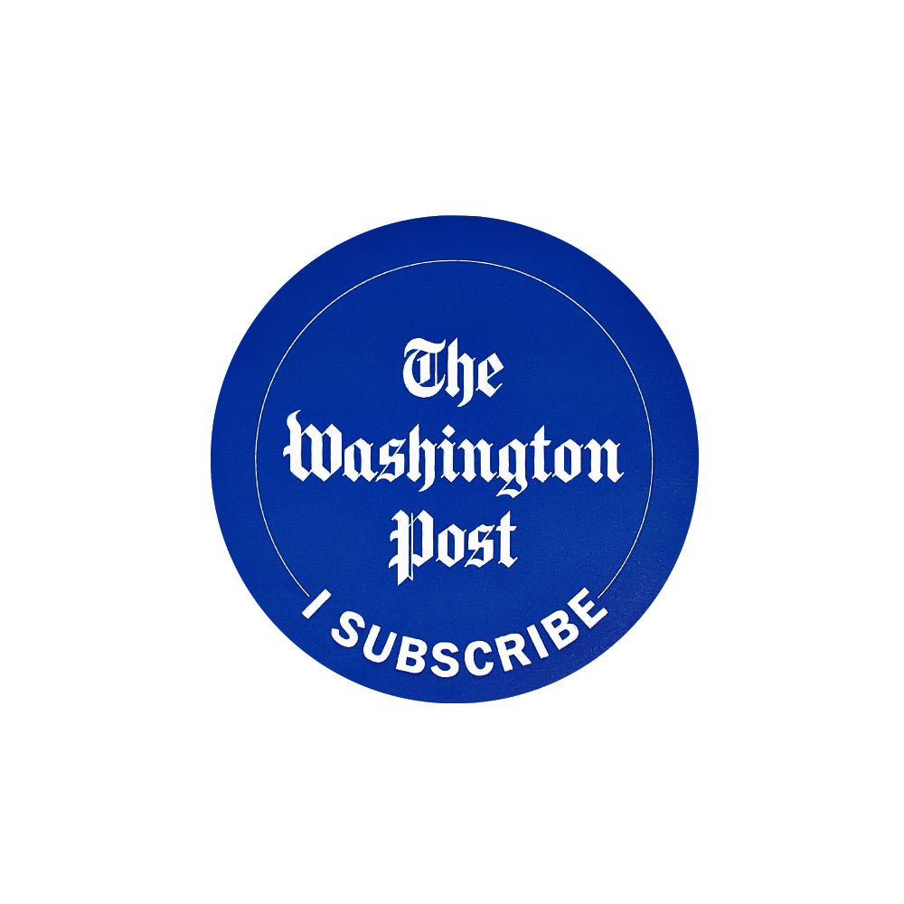 Circular blue magnet with white line border and The Washington Post in large white text with I Subscribe in small white text lining the bottom of the circle.