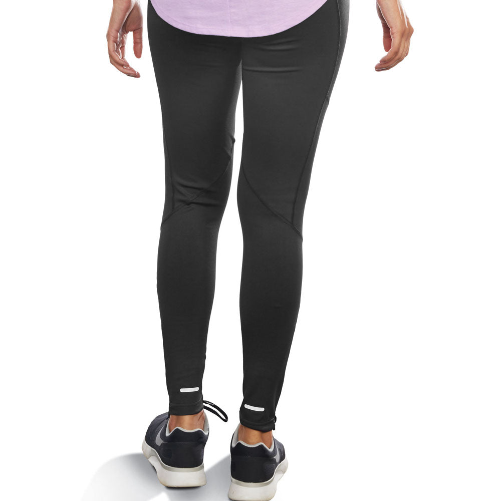 Back of black leggings with reflector strips on ankles.