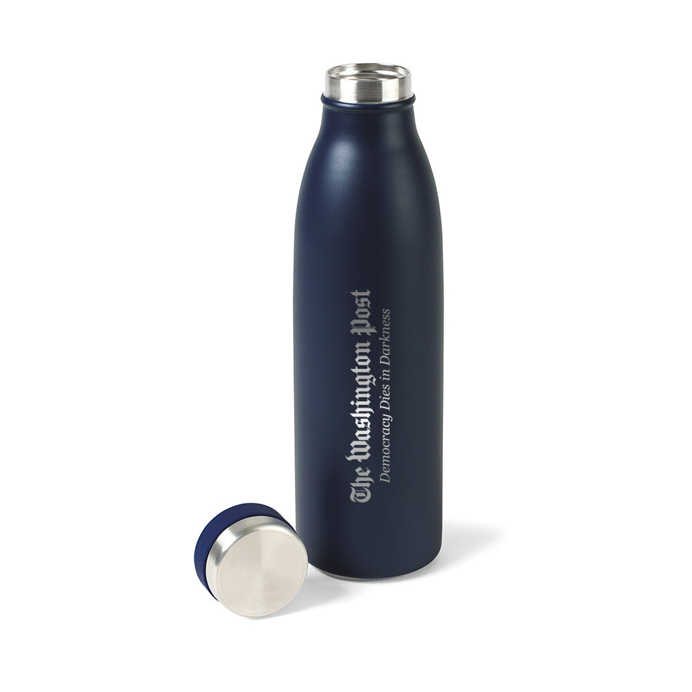 Dark blue metal water bottle with The Washington Post and Democracy Dies in Darkness in silver text. 