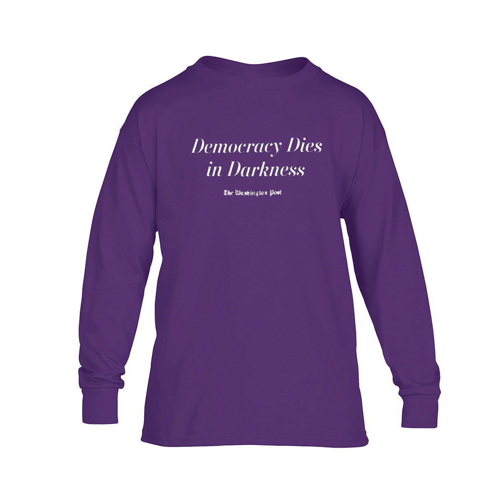 Purple long-sleeved shirt with Democracy Dies in Darkness in large white text with The Washington Post in small white text below it.