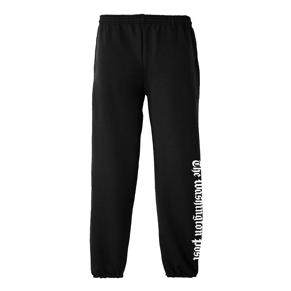 Black sweatpants with The Washington Post in white text on the left leg.