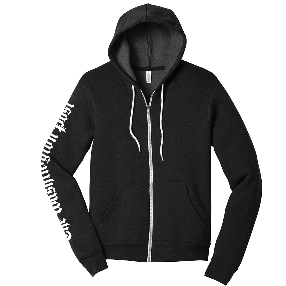 Dark gray hooded zip-up sweatshirt with a white zipper and drawstrings and The Washington Post logo in white on the right arm.