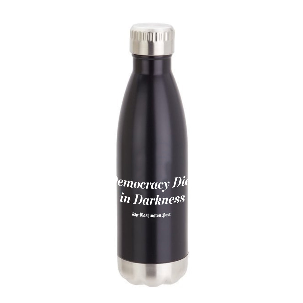 Black insulated stainless steel Washington Post water bottle featuring the Democracy Dies in Darkness slogan.