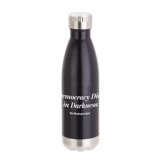 Black insulated stainless steel Washington Post water bottle featuring the Democracy Dies in Darkness slogan.