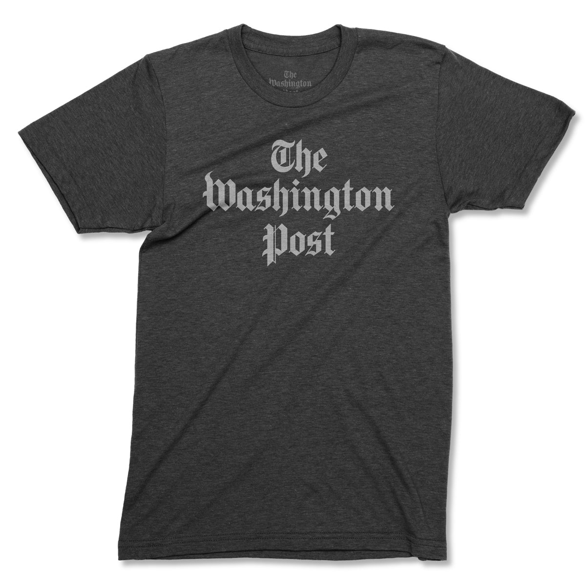 The Washington Post Logo T-shirt in dark grey with charcoal grey writing, short sleeved 
